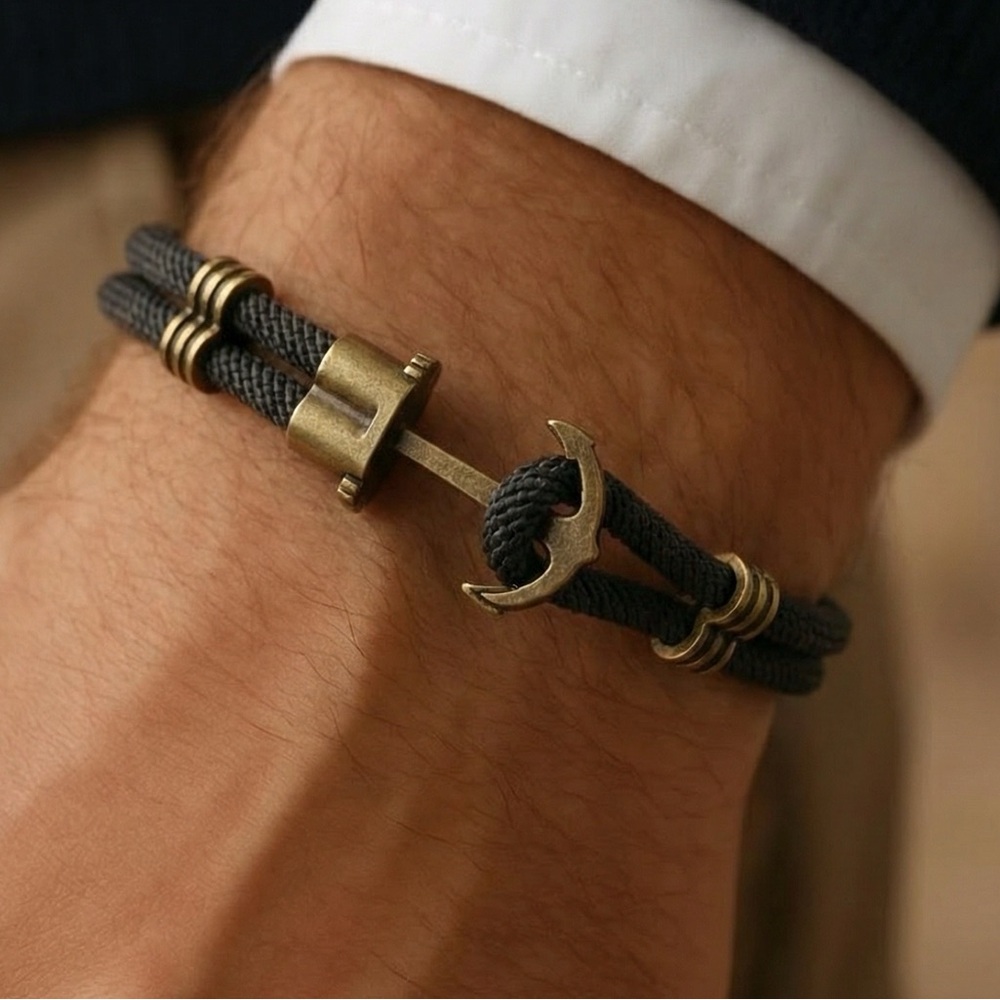 Men's black Rope Bracelet with Antique Gold Anchor